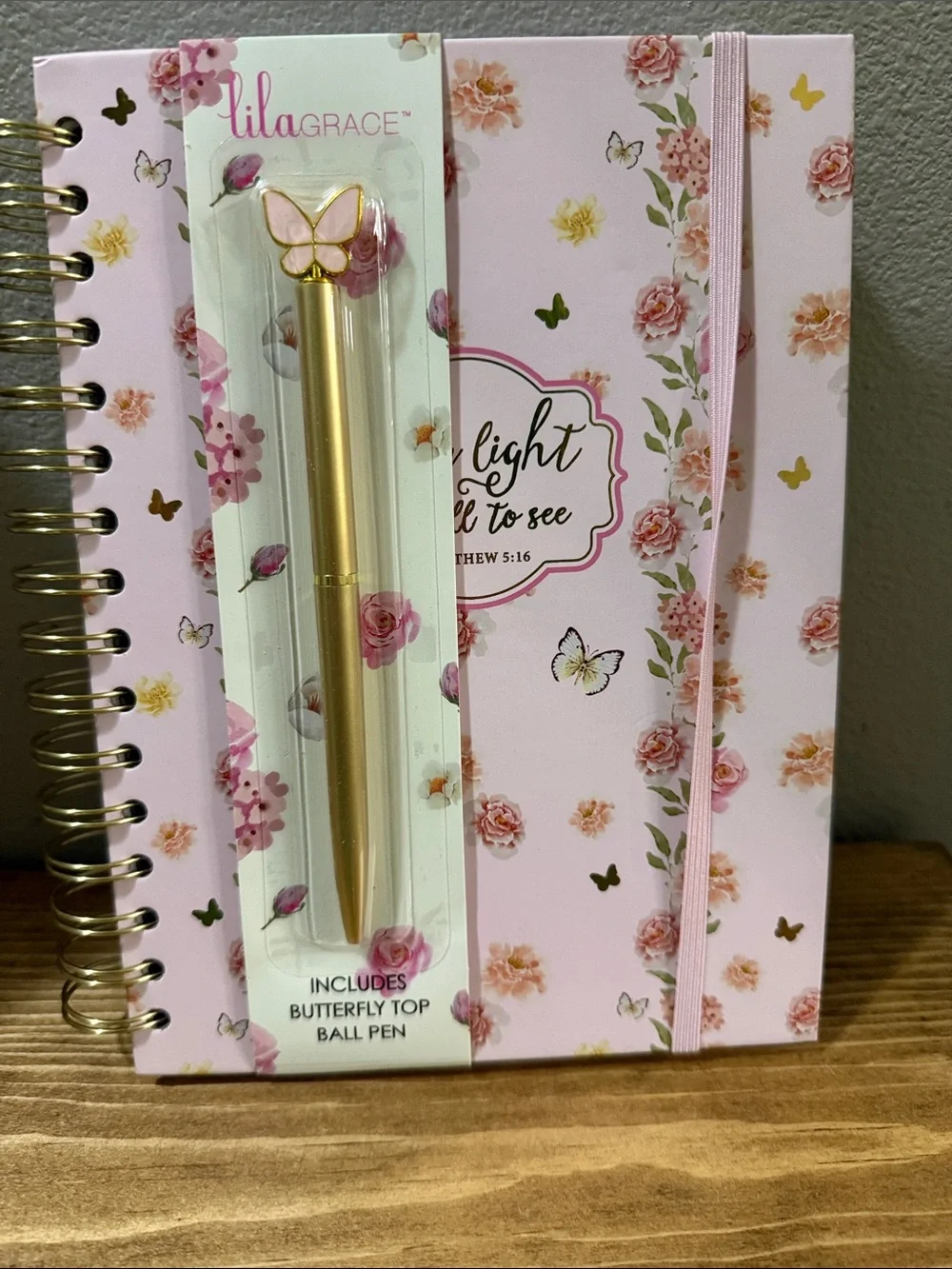 Boutique Pink Floral Notebook with Gold Butterfly Top Pen